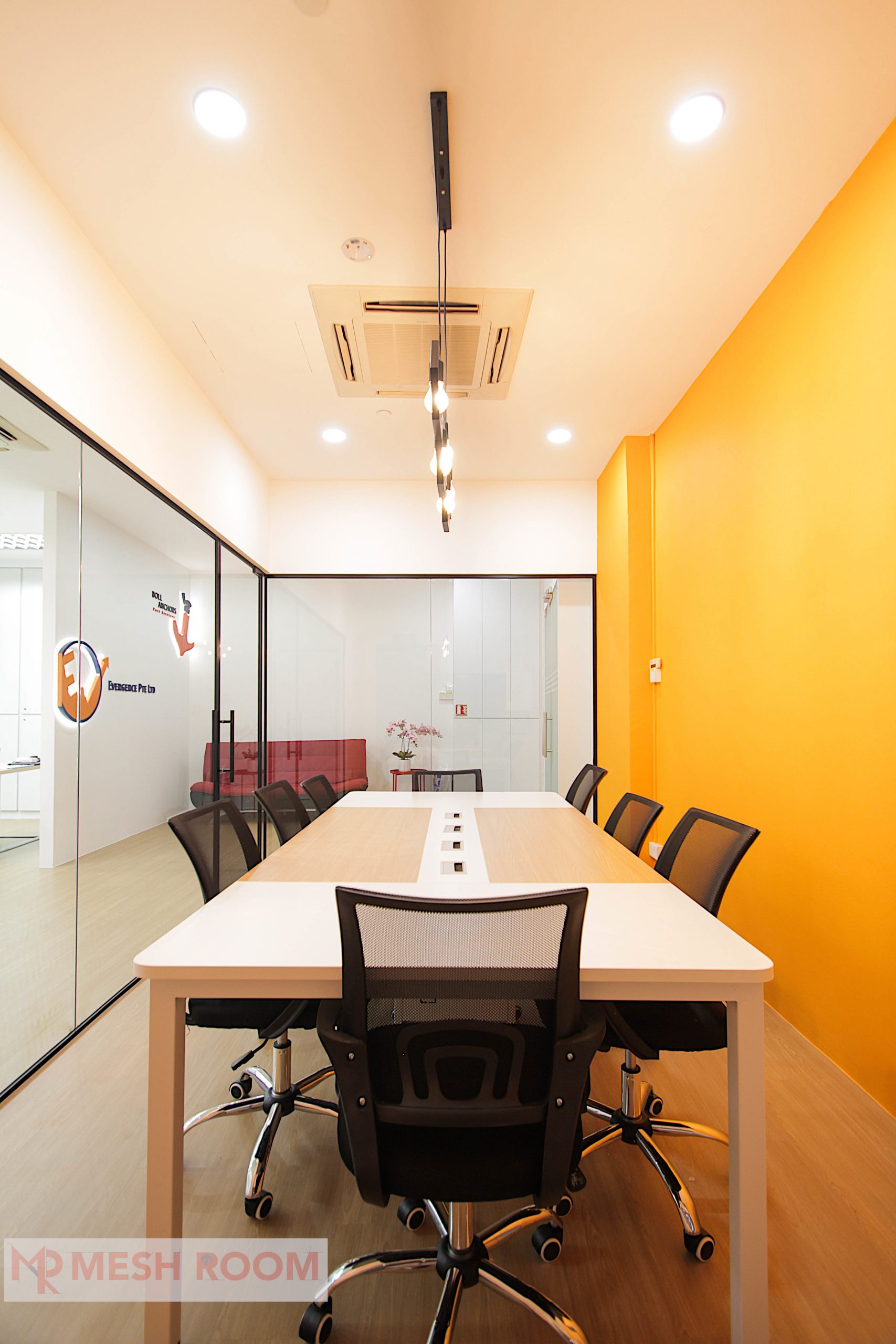 Newly furbished office space lighted up with bright vibrant colors to generate energy to a fun working enviroment.