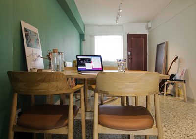 A classic approach for a new family with an open concept communal space. Polished terazzo flooring with a splash of green to bring out that retro feel.