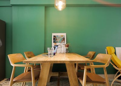 A classic approach for a new family with an open concept communal space. Polished terazzo flooring with a splash of green to bring out that retro feel.